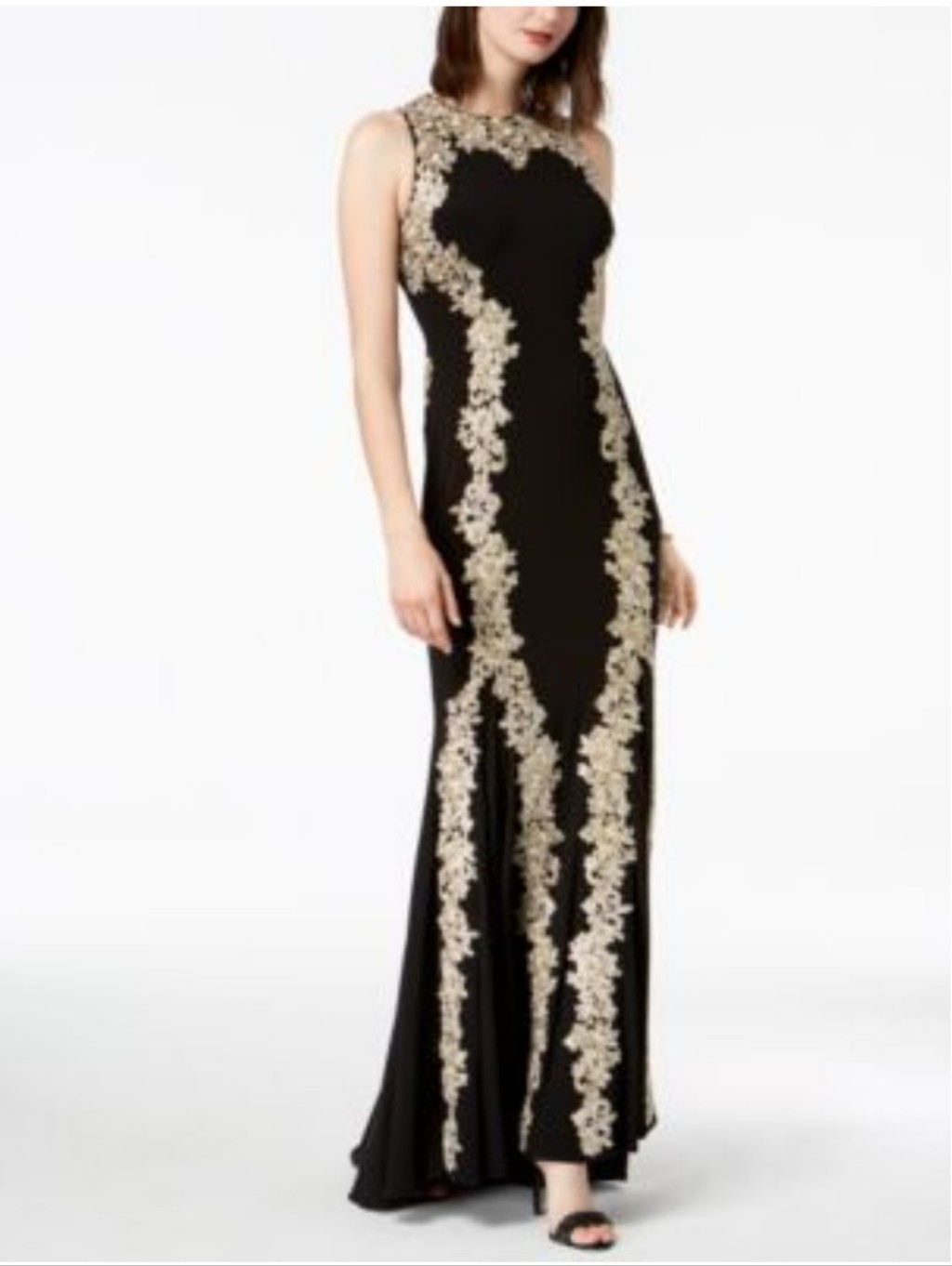 Betsy Adam Maxi Gown With Gold Embroidery